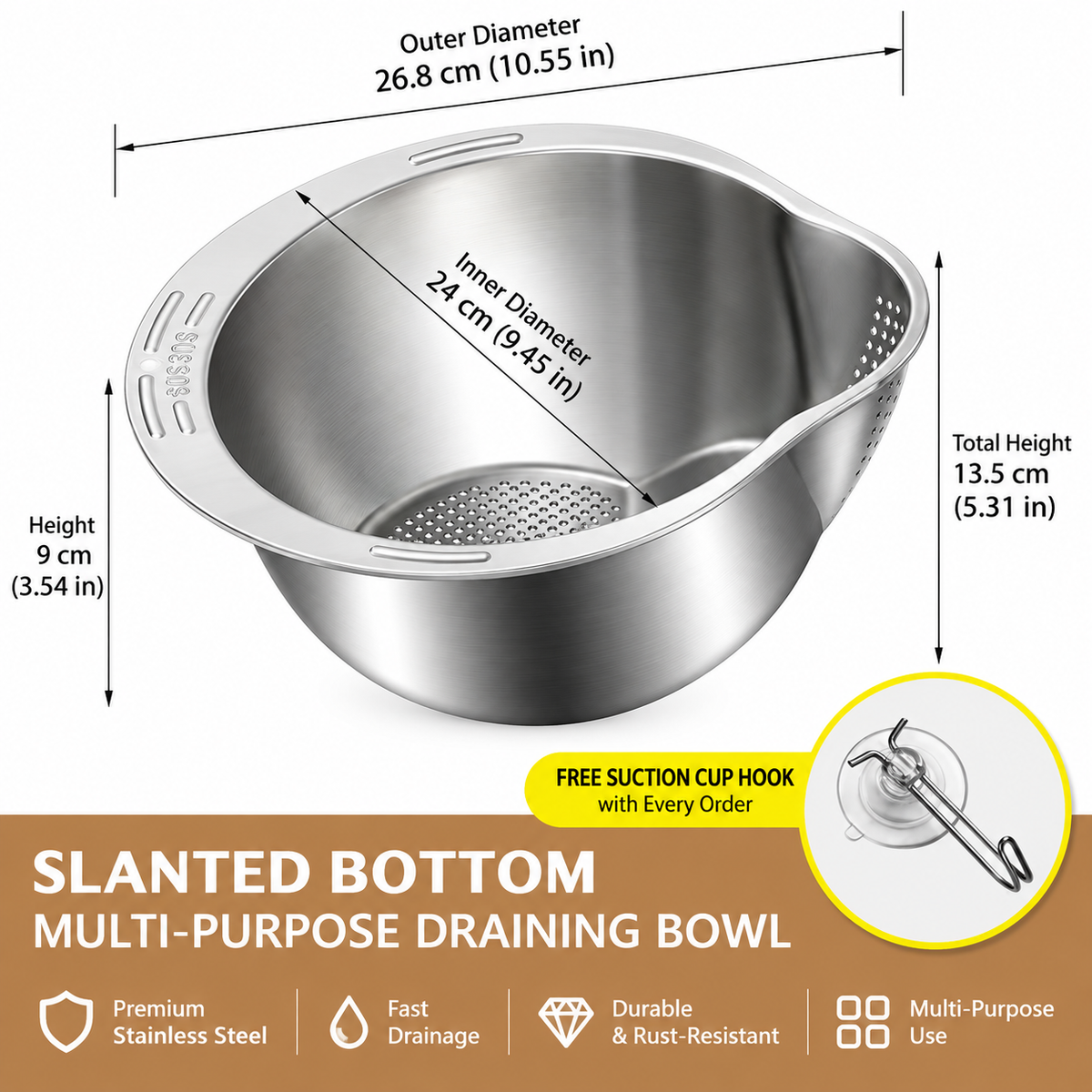 304 Stainless Steel Multi-Function Wash & Drain Bowl – Strainer, Grater & Slicer