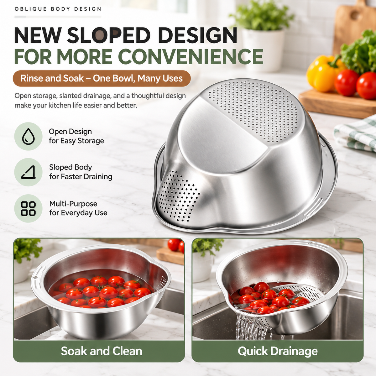 304 Stainless Steel Multi-Function Wash & Drain Bowl – Strainer, Grater & Slicer