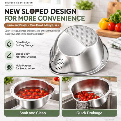 304 Stainless Steel Multi-Function Wash & Drain Bowl – Strainer, Grater & Slicer