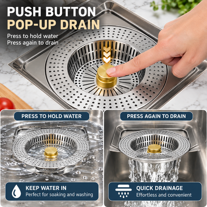 Press-to-Seal Stainless Steel Kitchen Sink Drain Strainer & Food Waste Catcher