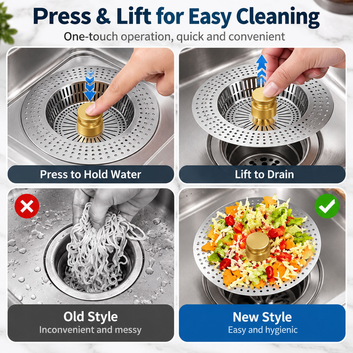 Press-to-Seal Stainless Steel Kitchen Sink Drain Strainer & Food Waste Catcher