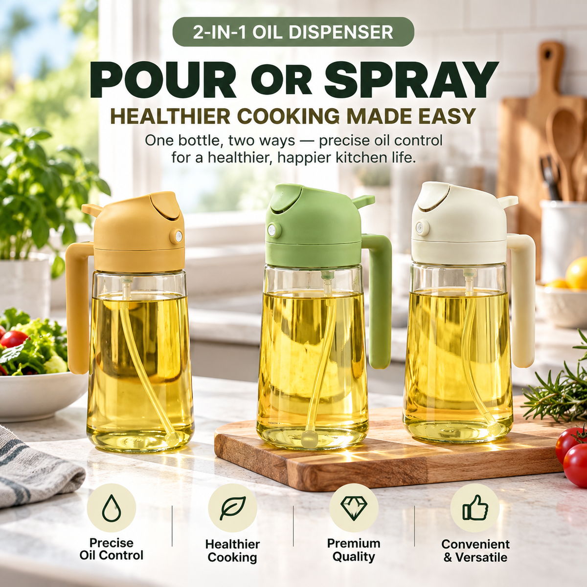 2-in-1 Oil Dispenser & Sprayer – Pour & Mist Cooking Oil Bottle