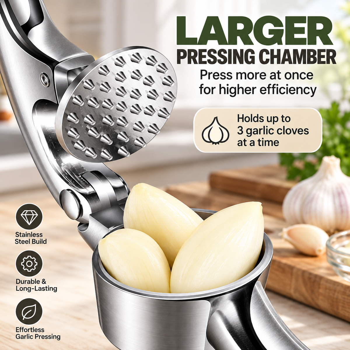 Heavy-Duty Garlic Press – Large Capacity Easy-Squeeze Garlic Crusher